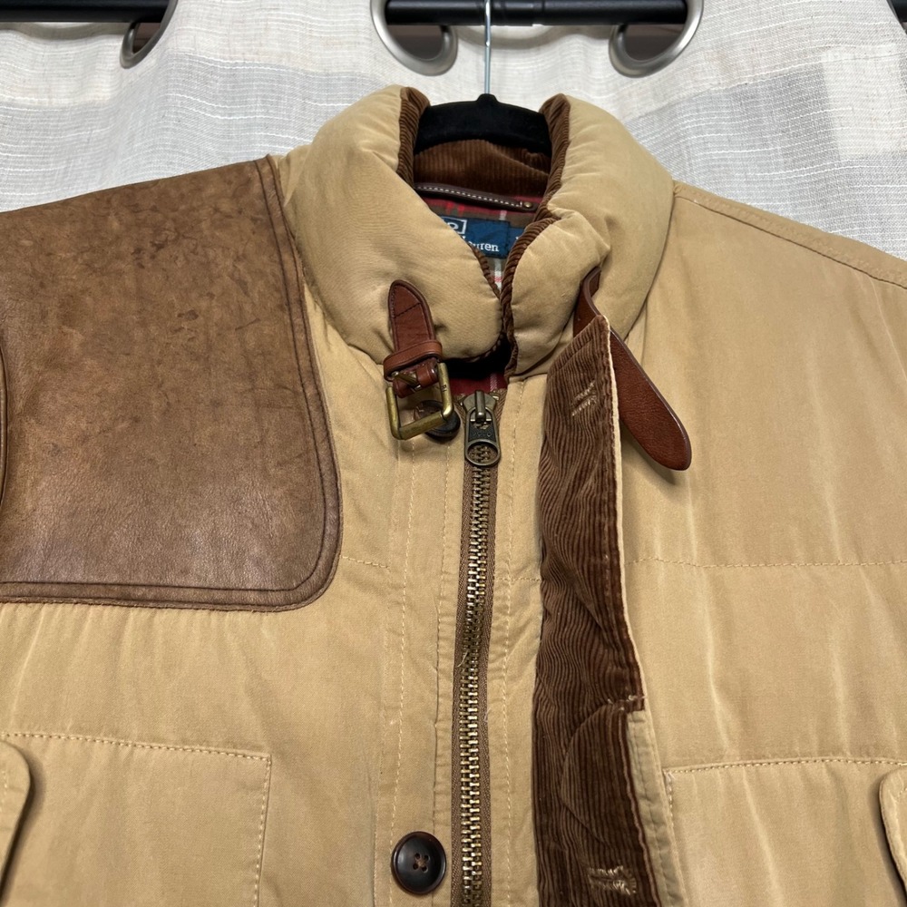 Vintage Polo Ralph Lauren Down Hunting Vest Wool Lined Tan Cargo Utility Mens XL - Picture 3 of 14